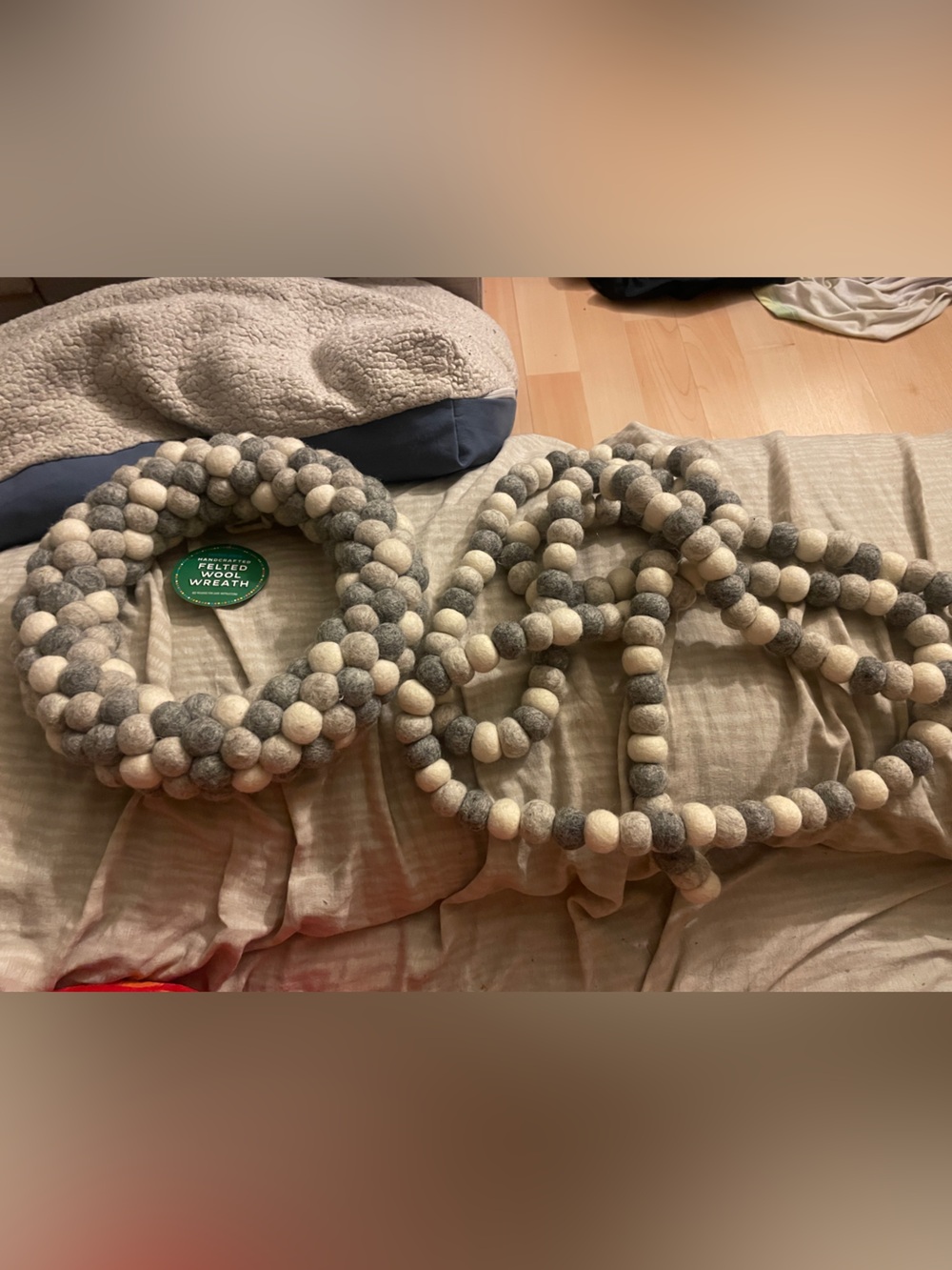 Neutral Gray & Cream Felt Ball Garland and Wreath Set - Home Wall Decor